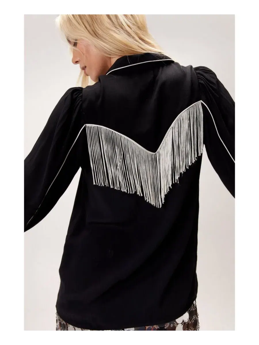 Женская рубашка с вышивкой и бахромой Nasty Gal — изображение 3 из 4, черный
