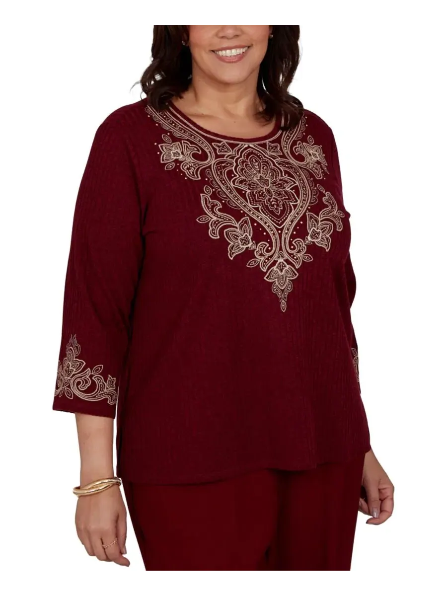 Топ с вышивкой и рукавами 3/4, Plus Size Union Square Scroll-Embroidered Alfred Dunner — изображение 1 из 5, клюквенный