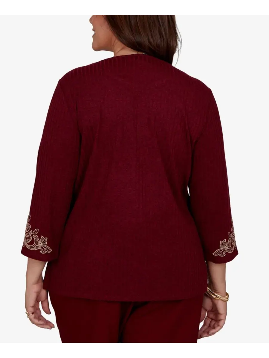 Топ с вышивкой и рукавами 3/4, Plus Size Union Square Scroll-Embroidered Alfred Dunner — изображение 5 из 5, клюквенный