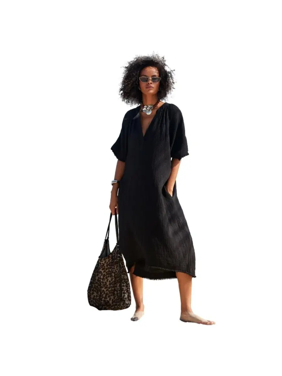 Платье-солнце из хлопковой марли с высокой низкой подолом, Dolman Sleeves Swimsuits for All — черный