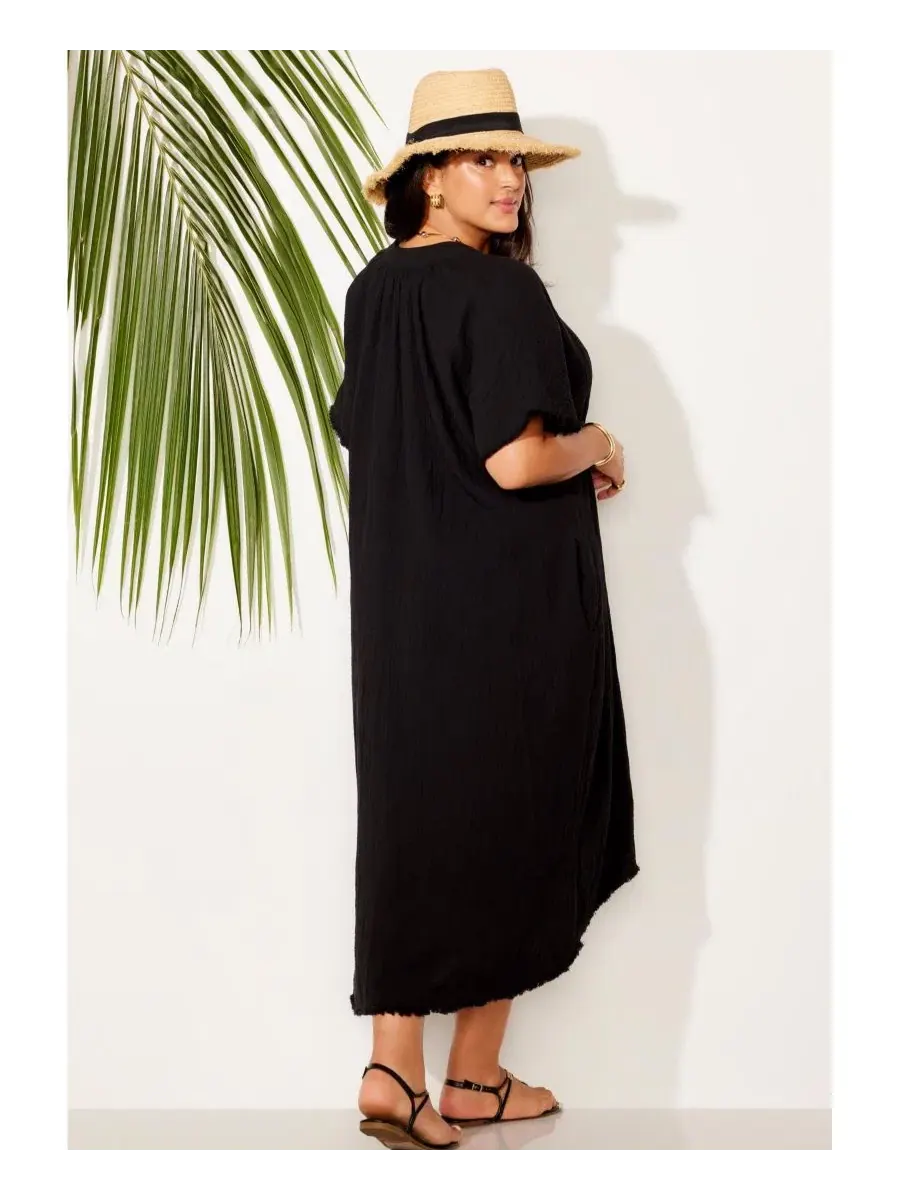 Платье-солнце из хлопковой марли с высокой низкой подолом, Dolman Sleeves Swimsuits for All — изображение 2 из 3, черный
