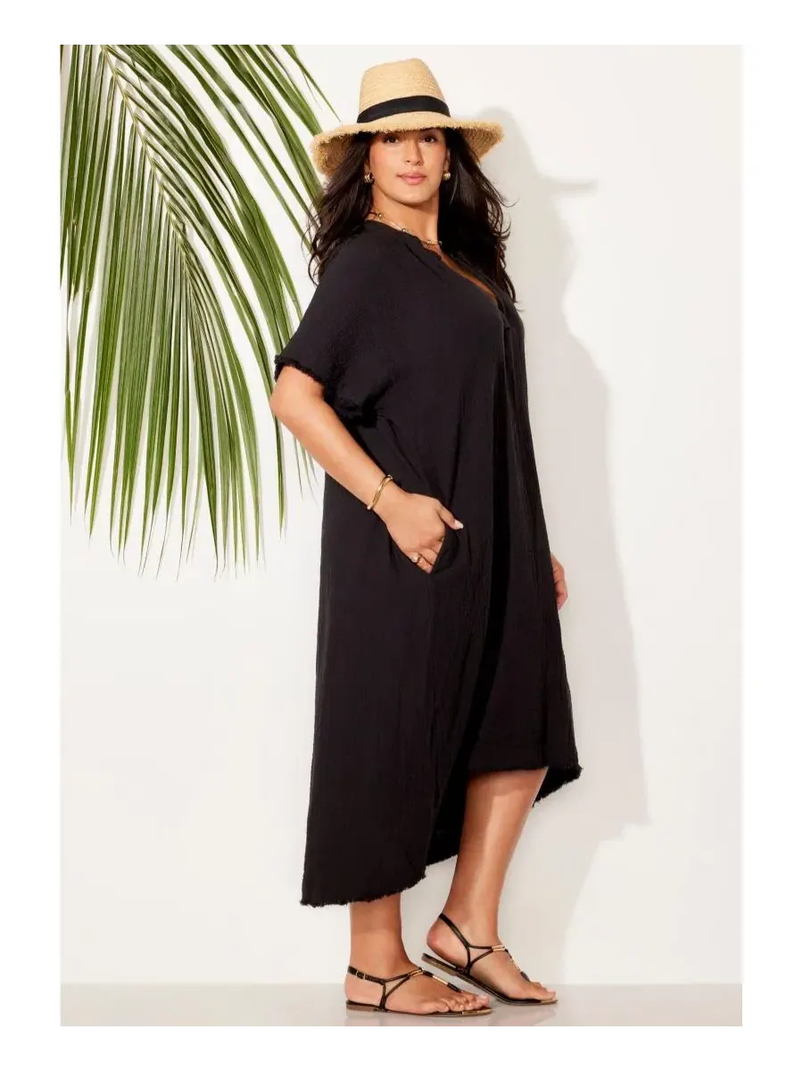 Платье-солнце из хлопковой марли с высокой низкой подолом, Dolman Sleeves Swimsuits for All — изображение 3 из 3, черный