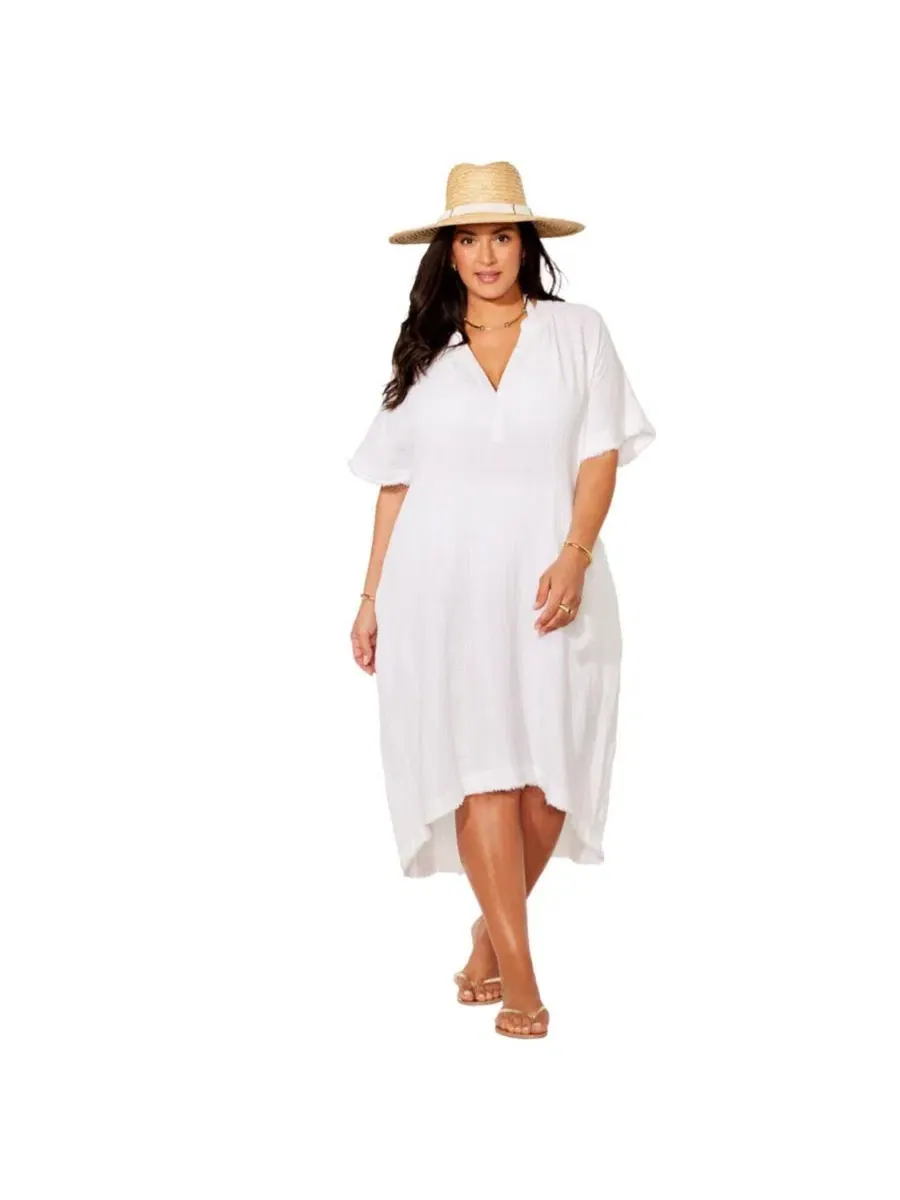 Платье-накидка из хлопковой марли с V-образным вырезом, модель High-Low Sun Dress Swimsuits for All — белый