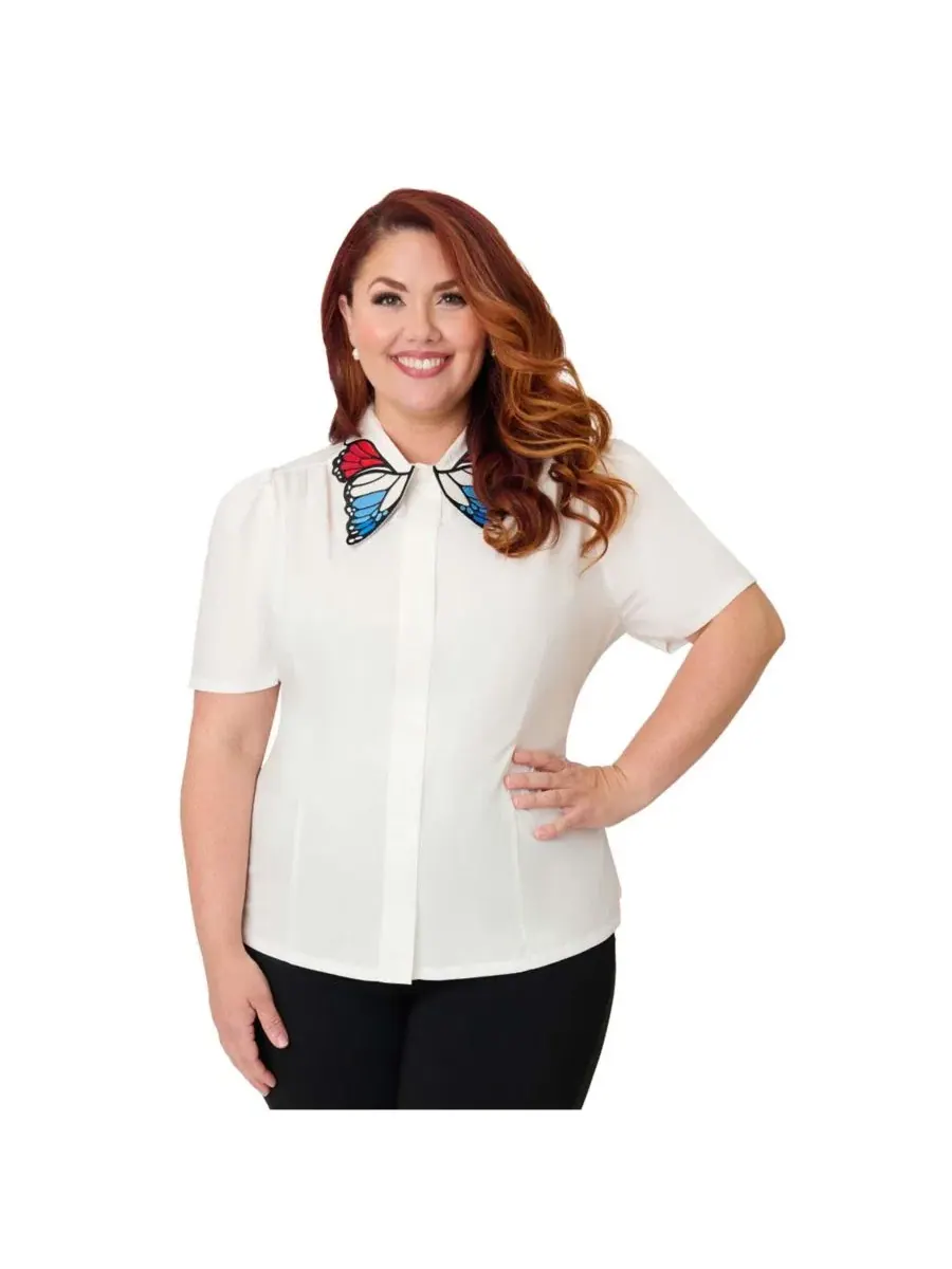Блузка с вышитым воротником White w/ Butterfly Collar Unique Vintage — белый