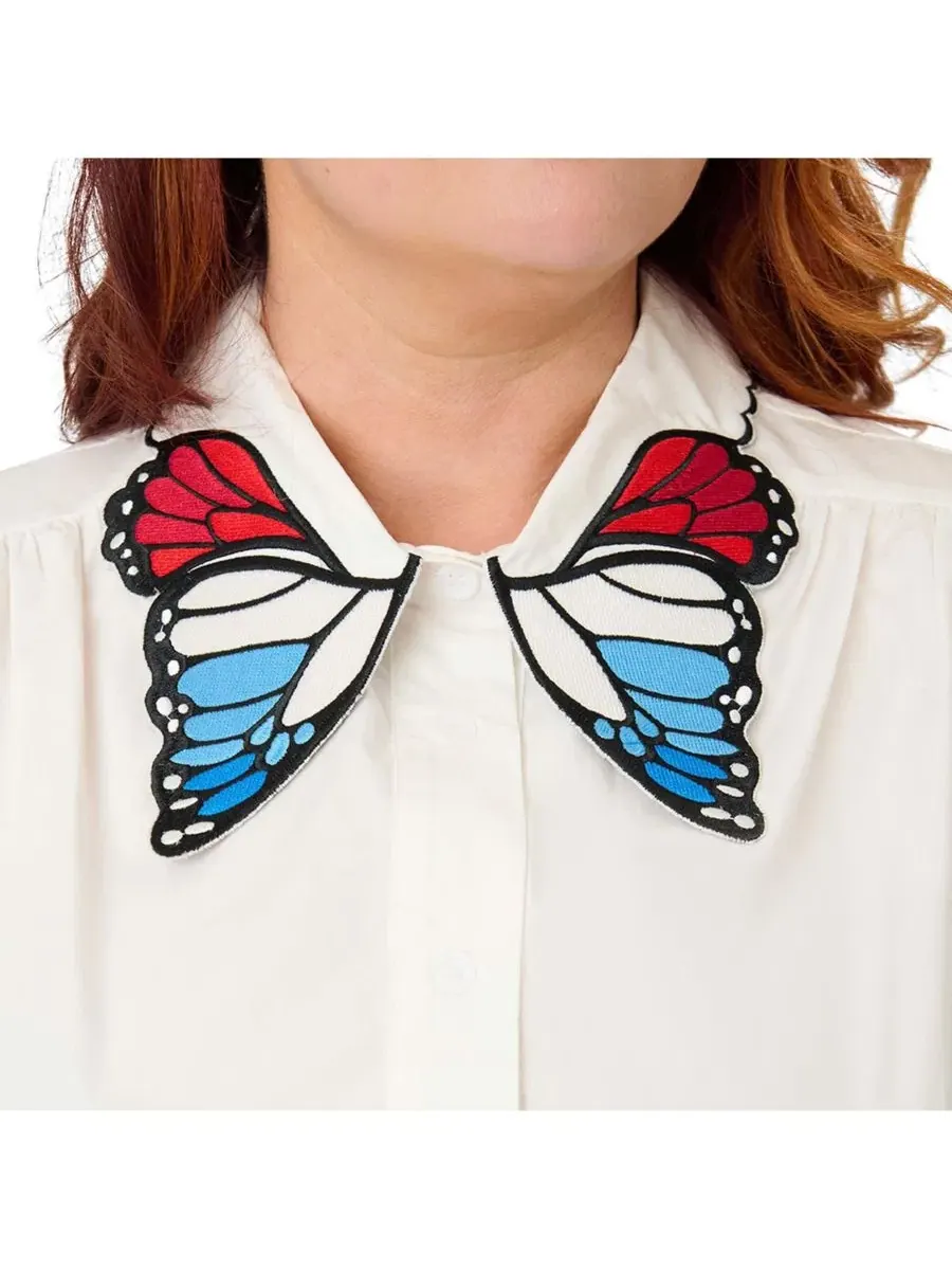 Блузка с вышитым воротником White w/ Butterfly Collar Unique Vintage — изображение 3 из 5, белый