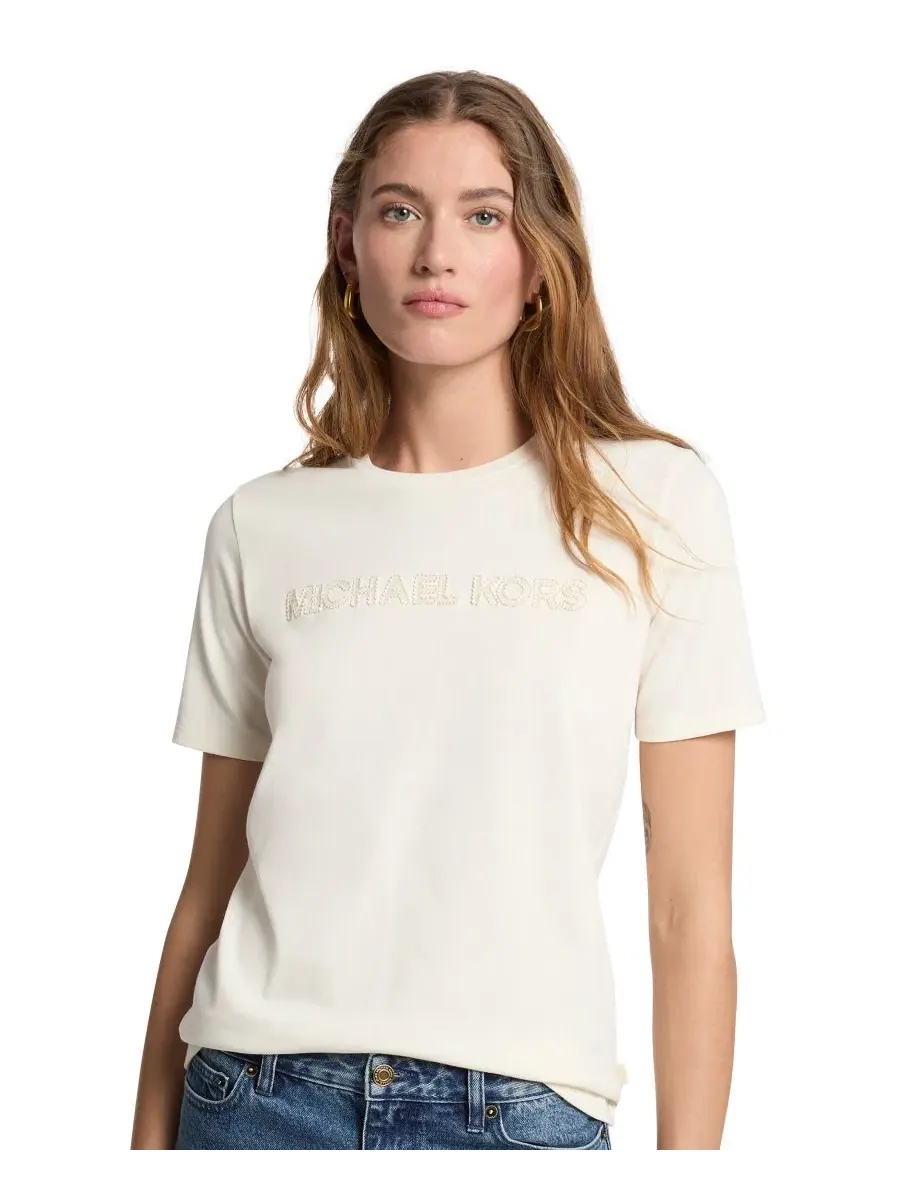 Футболка женская классическая с коротким рукавом, с вышитым логотипом Michael Kors — изображение 2 из 4, кость