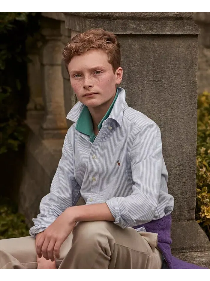 Хлопковая оксфордская рубашка с вышитым логотипом Big Boys Polo Ralph Lauren — изображение 3 из 5, светлый синий