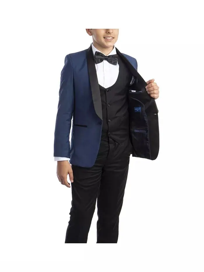 Комплект из 5 предметов для смокинга Slim Fit Shawl для большого мальчика Perry Ellis — изображение 3 из 4, синий