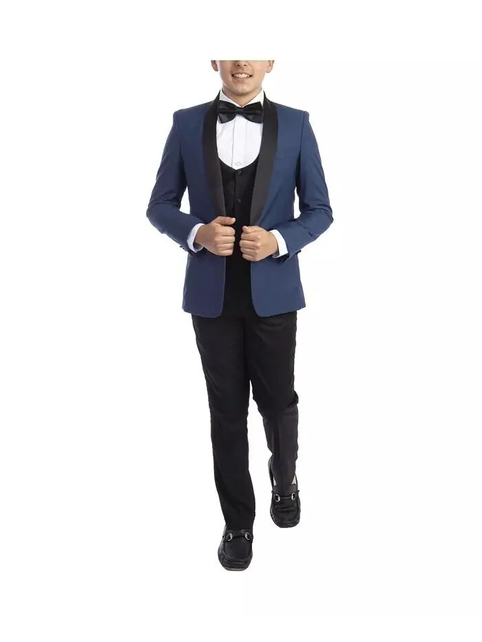 Комплект из 5 предметов для смокинга Slim Fit Shawl для большого мальчика Perry Ellis — изображение 4 из 4, синий