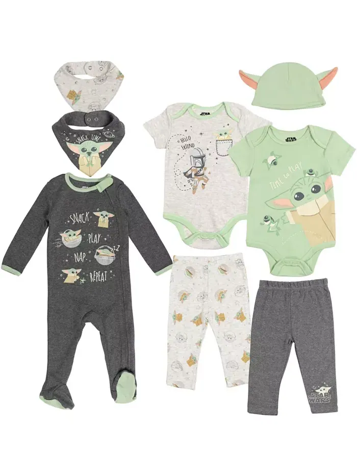 Комплект для мальчиков Baby Boys Yoda: боди, пижамные штаны, шапочка и слюнявчики (8 предметов) — серый