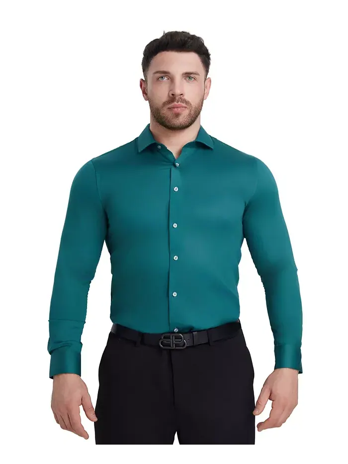 Сорочка Slim Fit из сатина Solid Perry Ellis — изображение 1 из 8, зеленый
