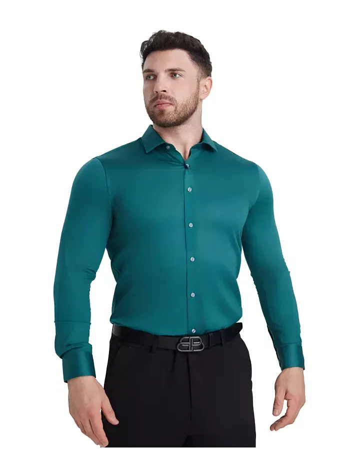 Сорочка Slim Fit из сатина Solid Perry Ellis — изображение 2 из 8, зеленый