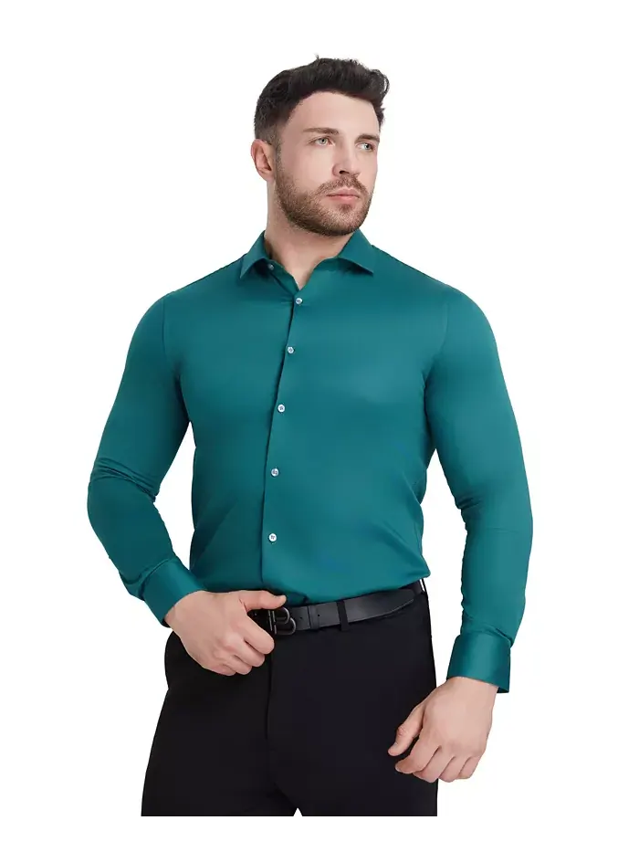 Сорочка Slim Fit из сатина Solid Perry Ellis — изображение 3 из 8, зеленый