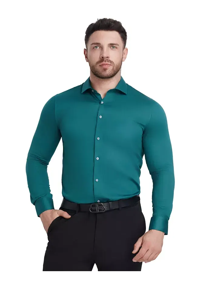 Сорочка Slim Fit из сатина Solid Perry Ellis — изображение 4 из 8, зеленый