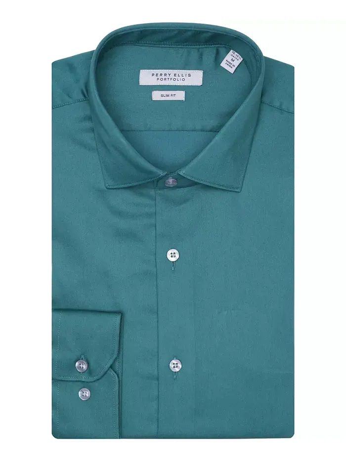 Сорочка Slim Fit из сатина Solid Perry Ellis — изображение 6 из 8, зеленый