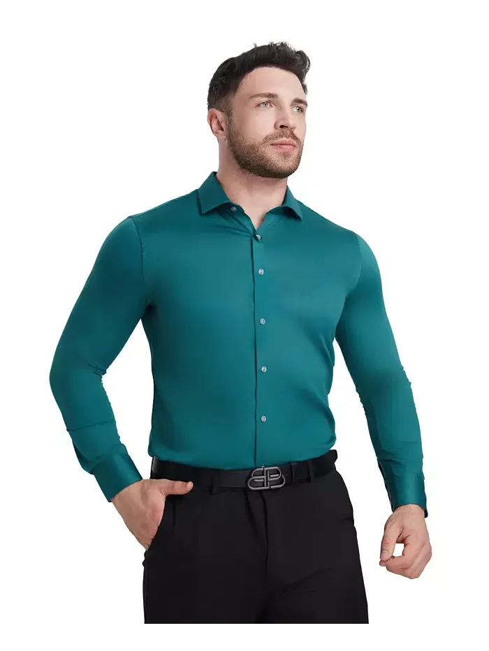 Сорочка Slim Fit из сатина Solid Perry Ellis — изображение 7 из 8, зеленый