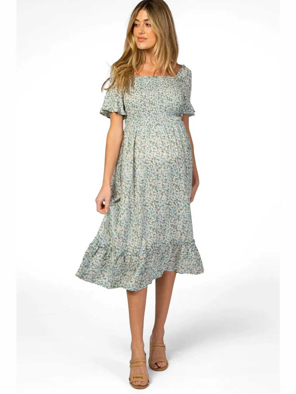 Платье миди с оборками и цветочным принтом, модель Floral Ruffle Midi Pinkblush — изображение 1 из 10, светлый синий