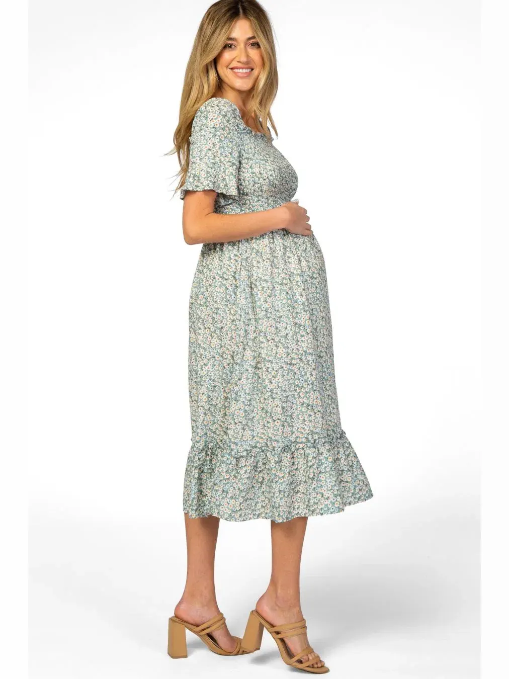 Платье миди с оборками и цветочным принтом, модель Floral Ruffle Midi Pinkblush — изображение 2 из 10, светлый синий