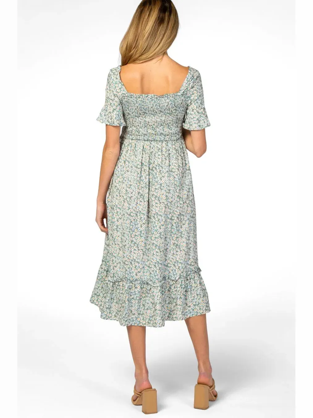 Платье миди с оборками и цветочным принтом, модель Floral Ruffle Midi Pinkblush — изображение 3 из 10, светлый синий