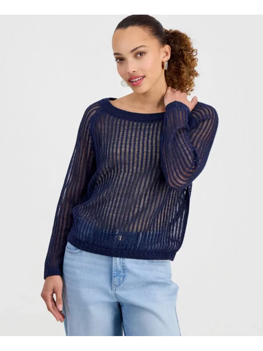 Свитер с открытым плетением и лодочным вырезом Petite Open-Knit Boat-Neck Sweater I.N.C — изображение 1 из 5, индиго