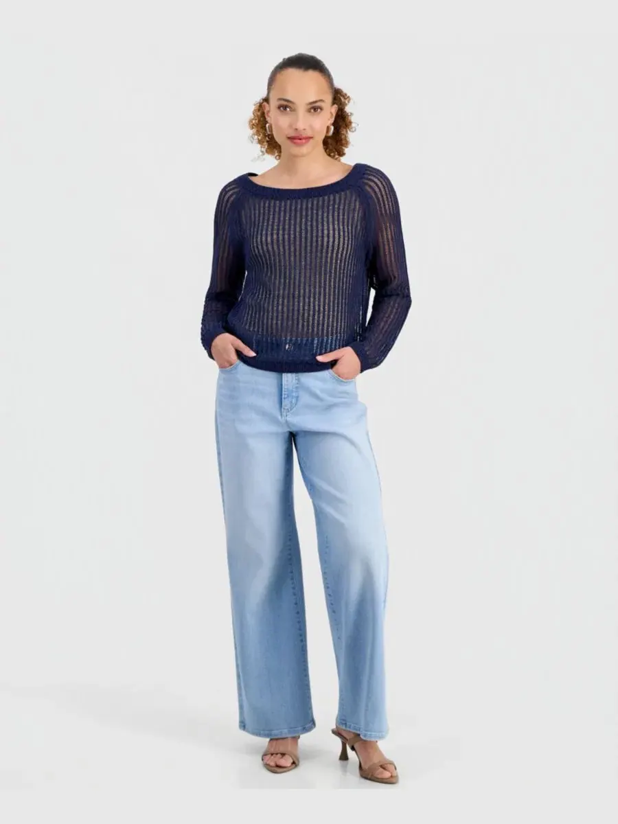Свитер с открытым плетением и лодочным вырезом Petite Open-Knit Boat-Neck Sweater I.N.C — изображение 3 из 5, индиго