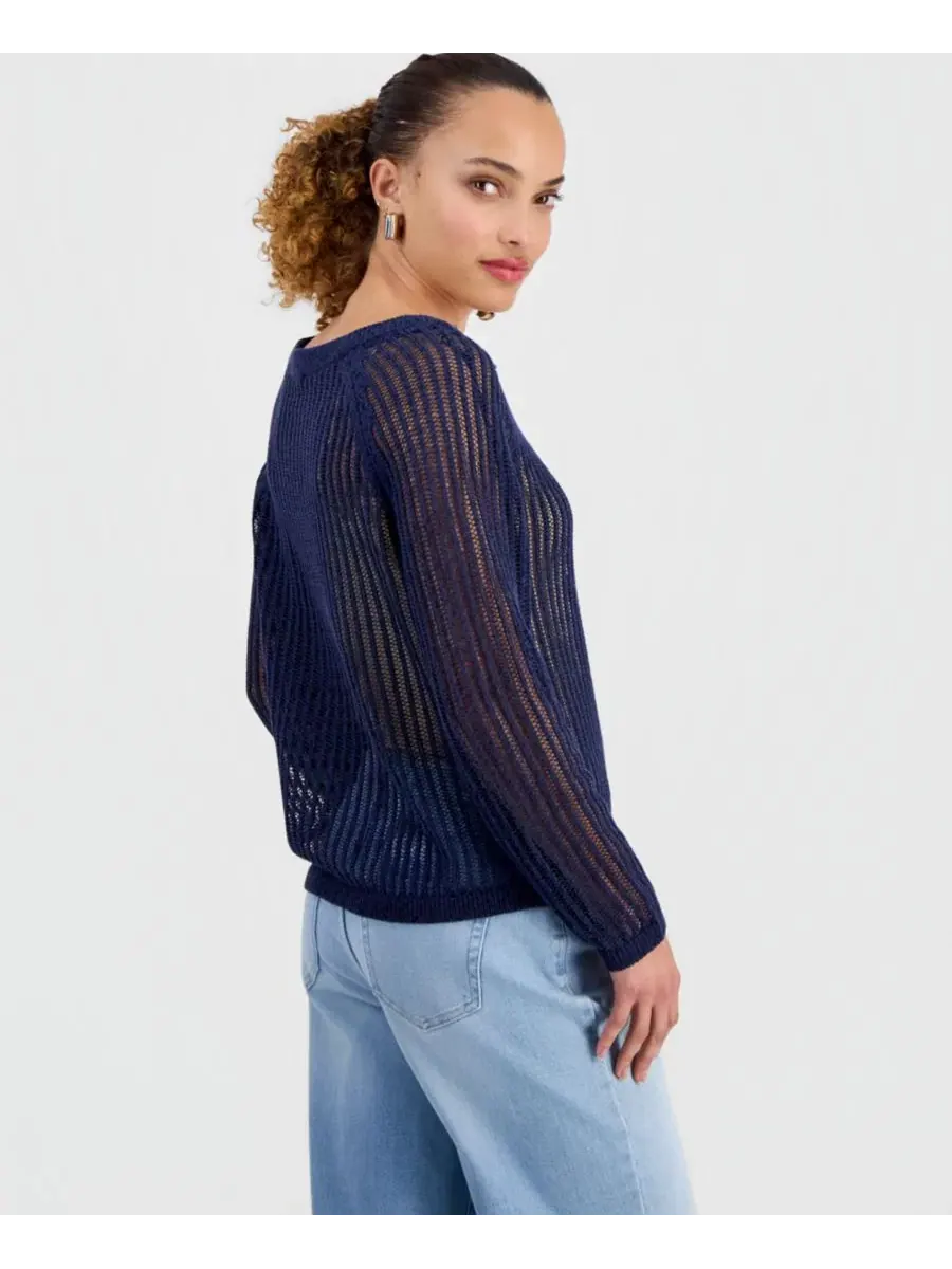 Свитер с открытым плетением и лодочным вырезом Petite Open-Knit Boat-Neck Sweater I.N.C — изображение 5 из 5, индиго