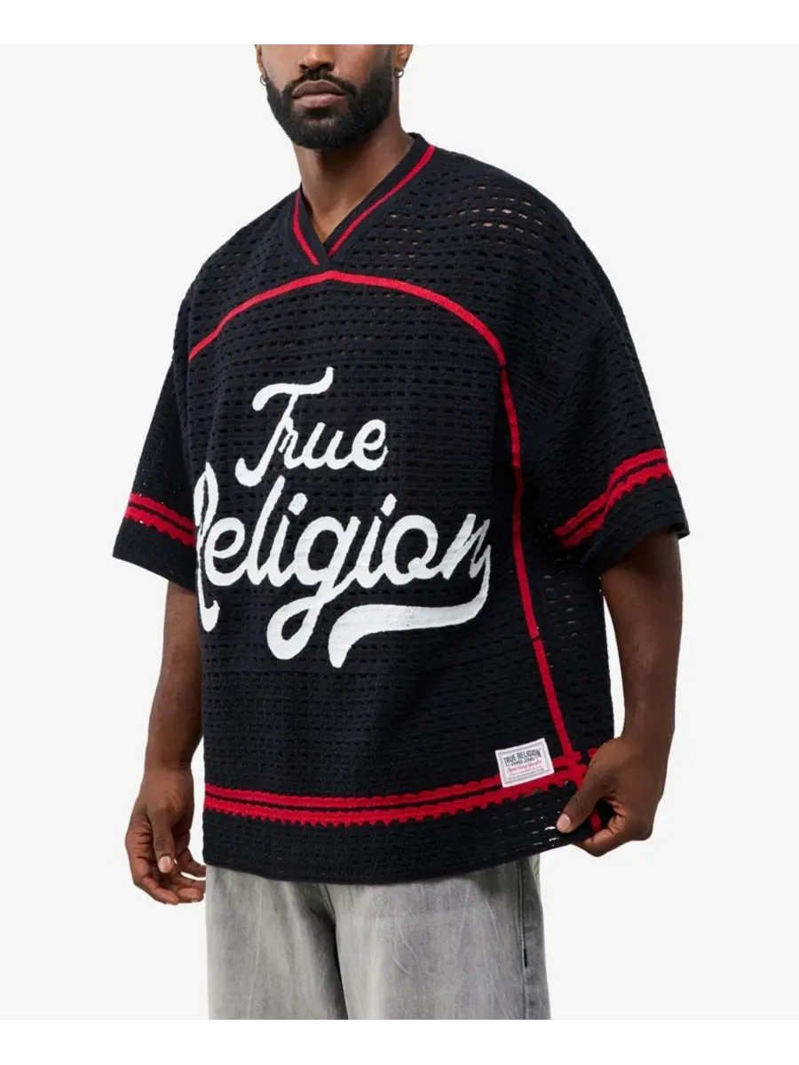 Мужская вязаная футболка-джерси с принтом True Religion — изображение 2 из 3, черный