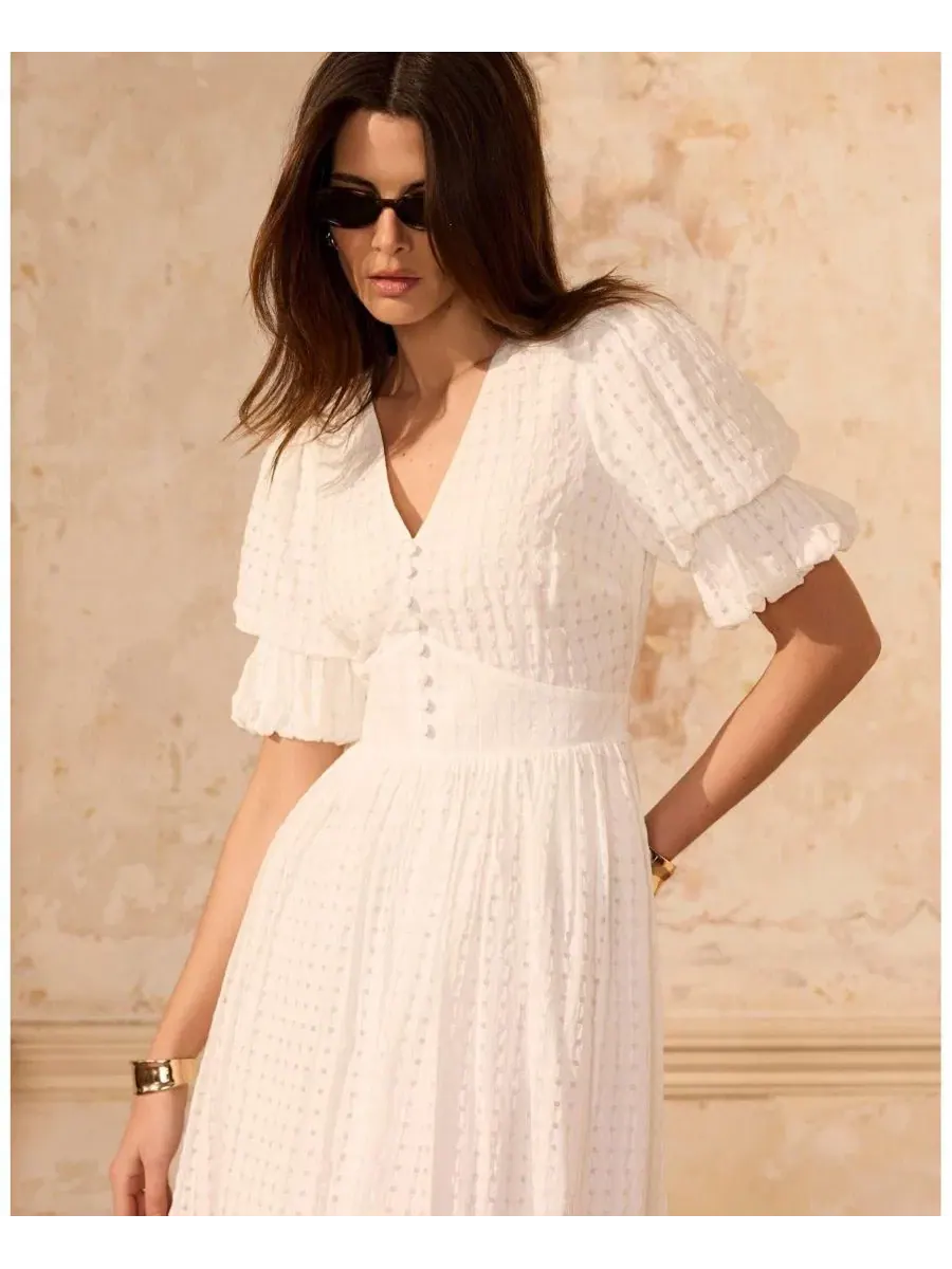 Платье-трапеция из жатой ткани с V-образным вырезом и двойными рукавами-фонариками Mint Velvet — изображение 4 из 7, белый