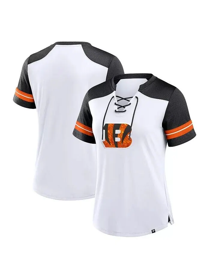 Женская белая/черная футболка Cincinnati Bengals Foiled Primary Lace-Up Fanatics — изображение 1 из 3