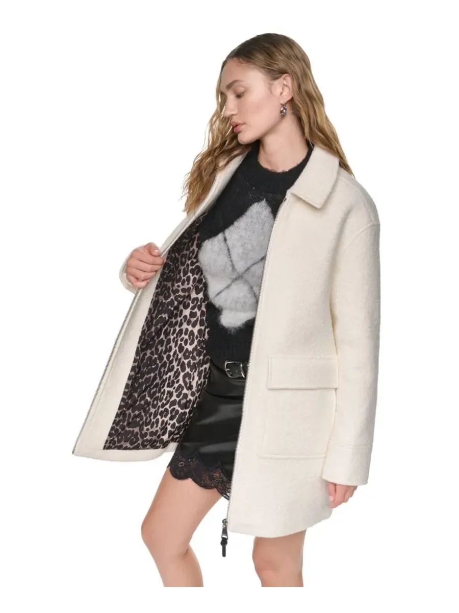 Пальто из шерстяной смеси с фактурным узором «елочка» DKNY — изображение 3 из 5, серебристый