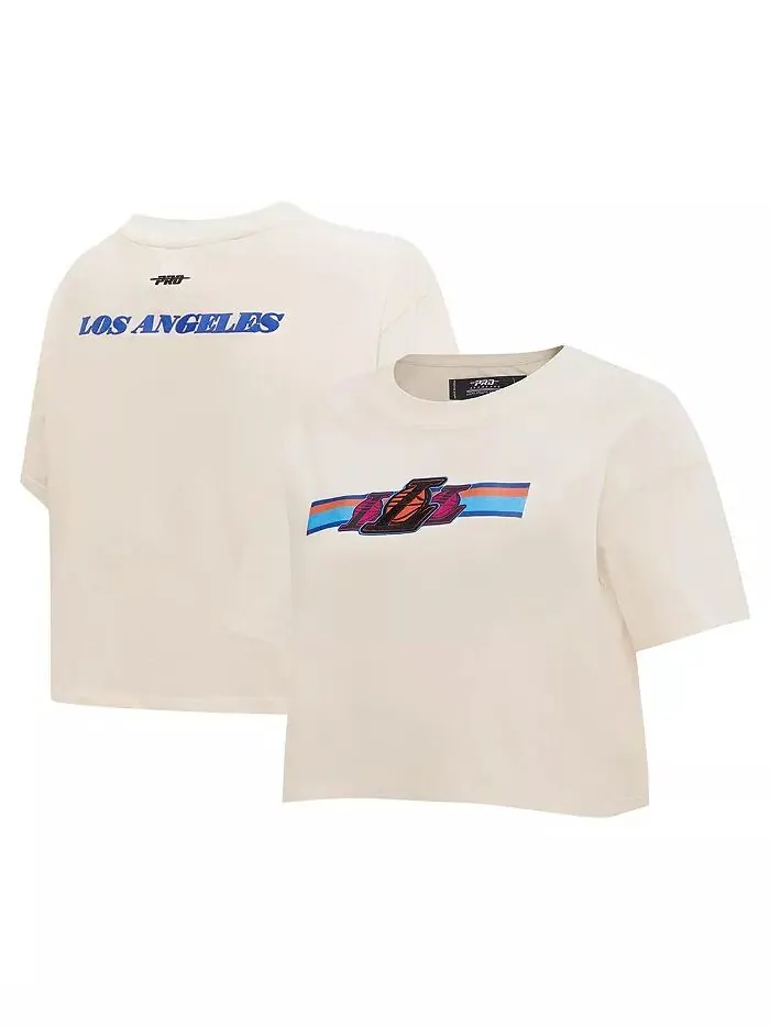 Женская кремовая футболка Los Angeles Lakers Retro Striper SJ Cropped с широкими краями Pro Standard