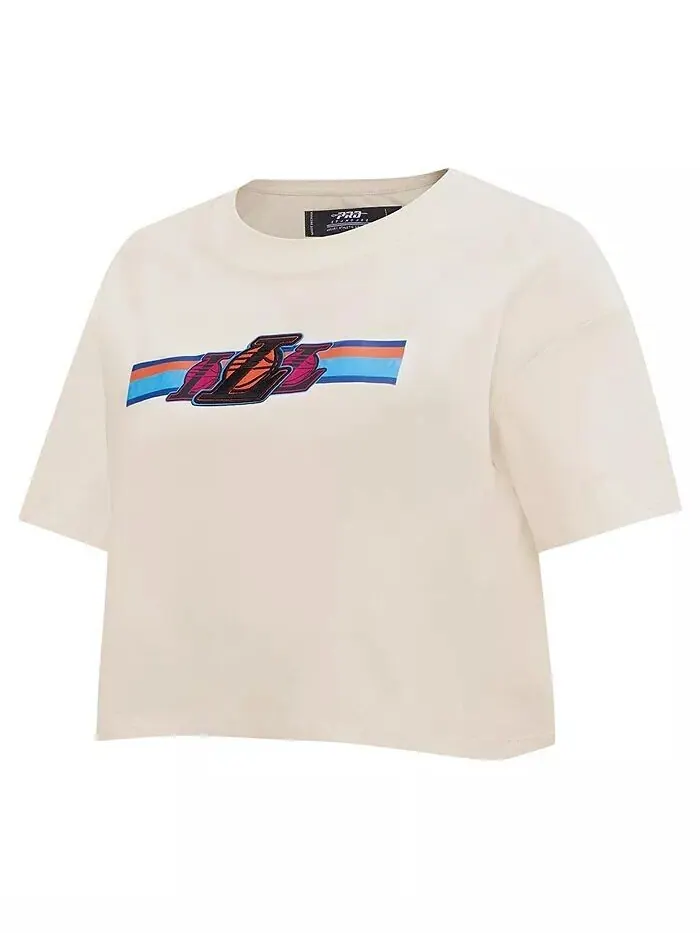 Женская кремовая футболка Los Angeles Lakers Retro Striper SJ Cropped с широкими краями Pro Standard — изображение 3 из 4