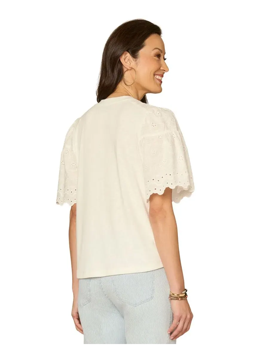 Топ с объемными рукавами 3/4 и округлым вырезом, модель Petite Puff-Sleeve Crewneck Shirttail Hem — изображение 3 из 3, белый