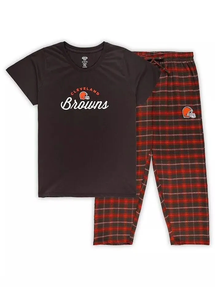 Женская коричневая футболка Cleveland Browns Plus Size Badge, фланелевые брюки, комплект для сна — изображение 1 из 4