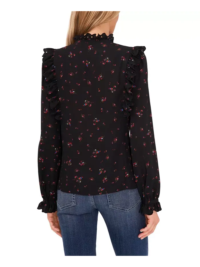 Женская блуза с длинным рукавом, воротником-галстуком и кружевной отделкой CeCe — изображение 2 из 3, насыщенный черный