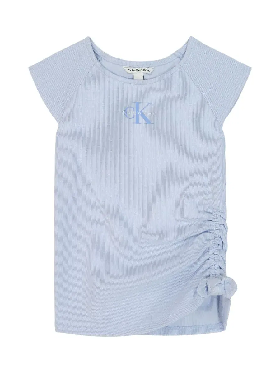 Детская футболка CK с присборенными боками и круглым вырезом, размер 7-16 Calvin Klein — изображение 3 из 7, светлый синий