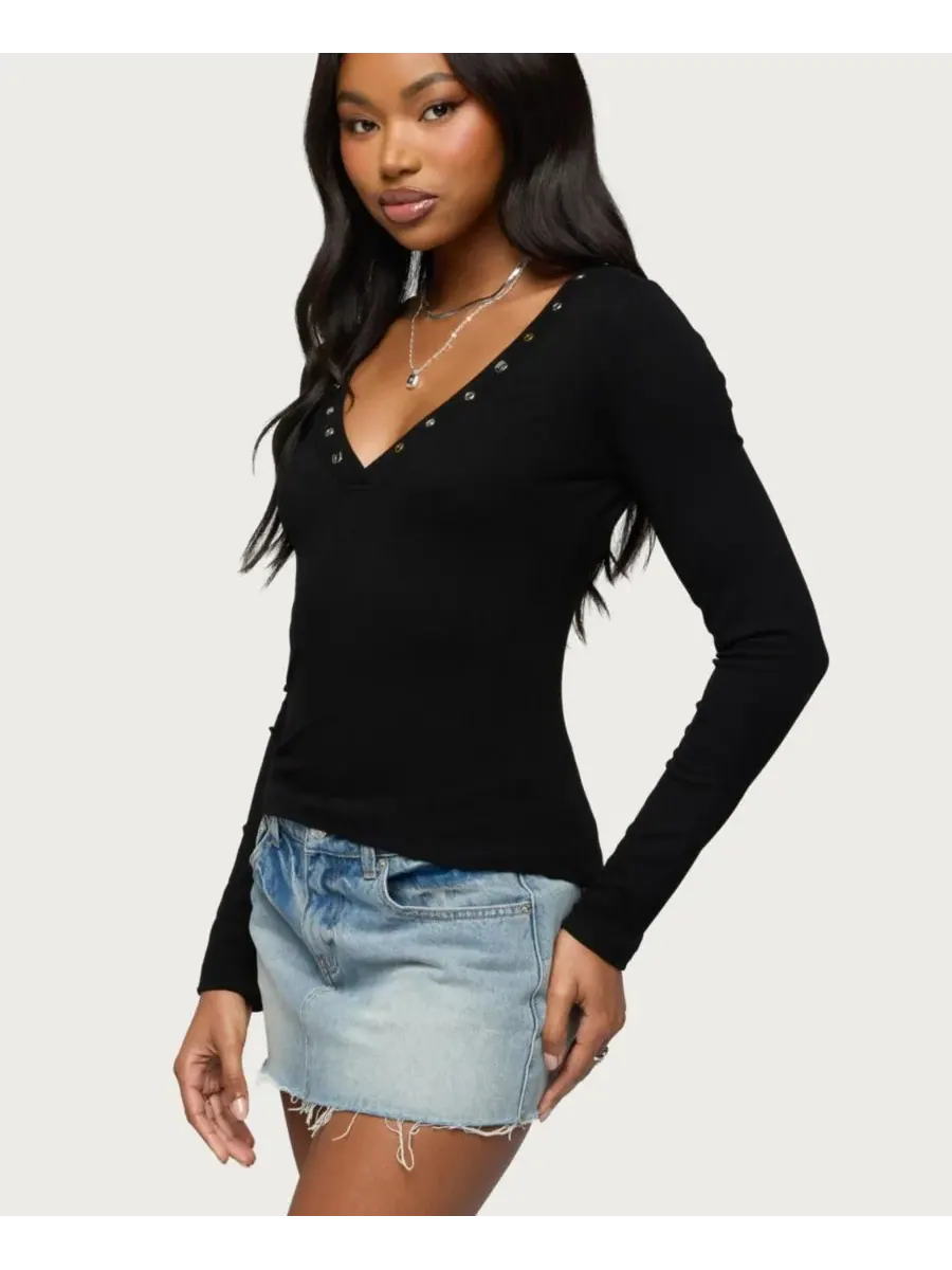 Женская блузка Rossie Stud & Button Top Edikted — изображение 4 из 5, черный