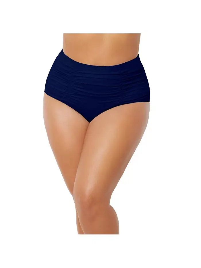 Женские плавки-шорты с высокой талией и сборками Swimsuits for All — изображение 1 из 2, темно-синий
