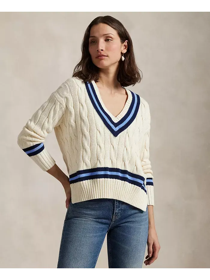 Женский хлопковый свитер для крикета с косичной вязкой Polo Ralph Lauren — изображение 1 из 5, кремовый/темно-синий