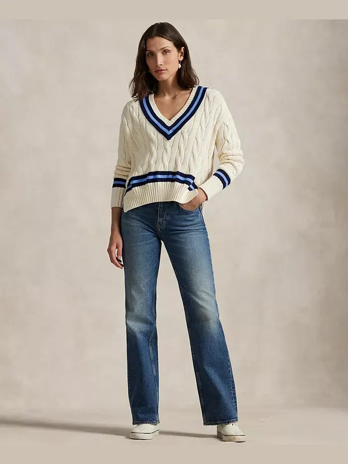 Женский хлопковый свитер для крикета с косичной вязкой Polo Ralph Lauren — изображение 2 из 5, кремовый/темно-синий