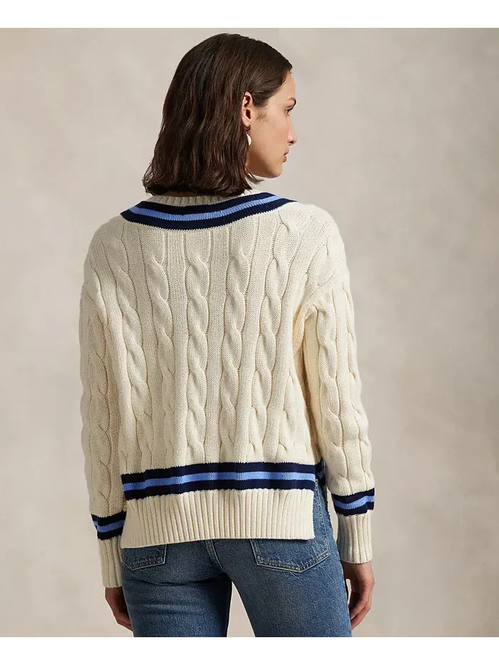 Женский хлопковый свитер для крикета с косичной вязкой Polo Ralph Lauren — изображение 4 из 5, кремовый/темно-синий