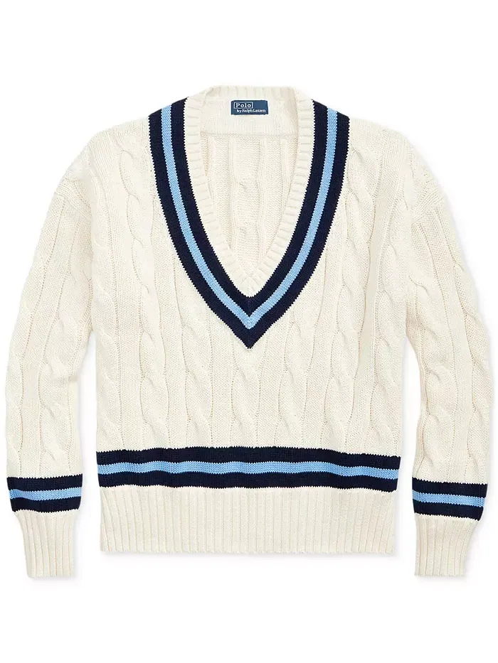 Женский хлопковый свитер для крикета с косичной вязкой Polo Ralph Lauren — изображение 5 из 5, кремовый/темно-синий