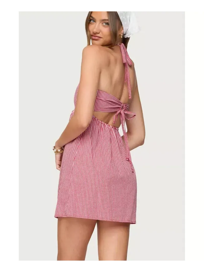 Женское мини-платье Rina Gingham Halter Edikted — изображение 2 из 5, красный