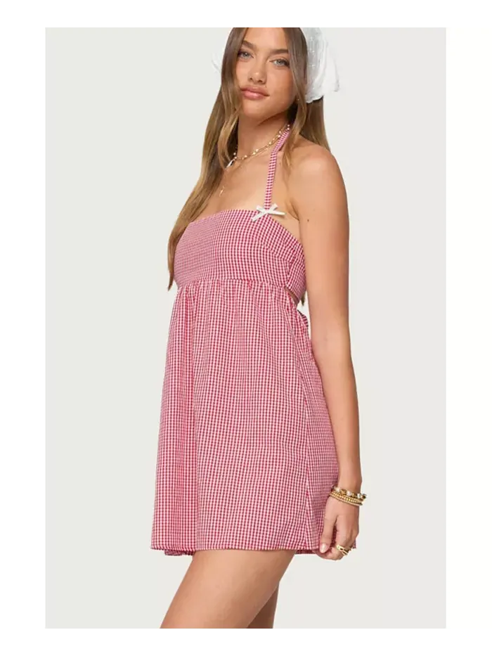 Женское мини-платье Rina Gingham Halter Edikted — изображение 4 из 5, красный