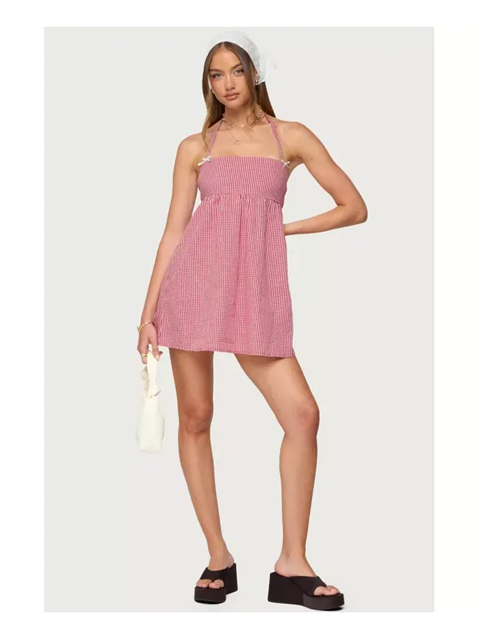 Женское мини-платье Rina Gingham Halter Edikted — изображение 5 из 5, красный