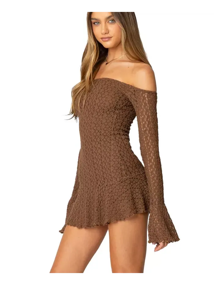 Женское мини-платье Mya Off Shoulder с фактурной отделкой Edikted — изображение 1 из 4, коричневый