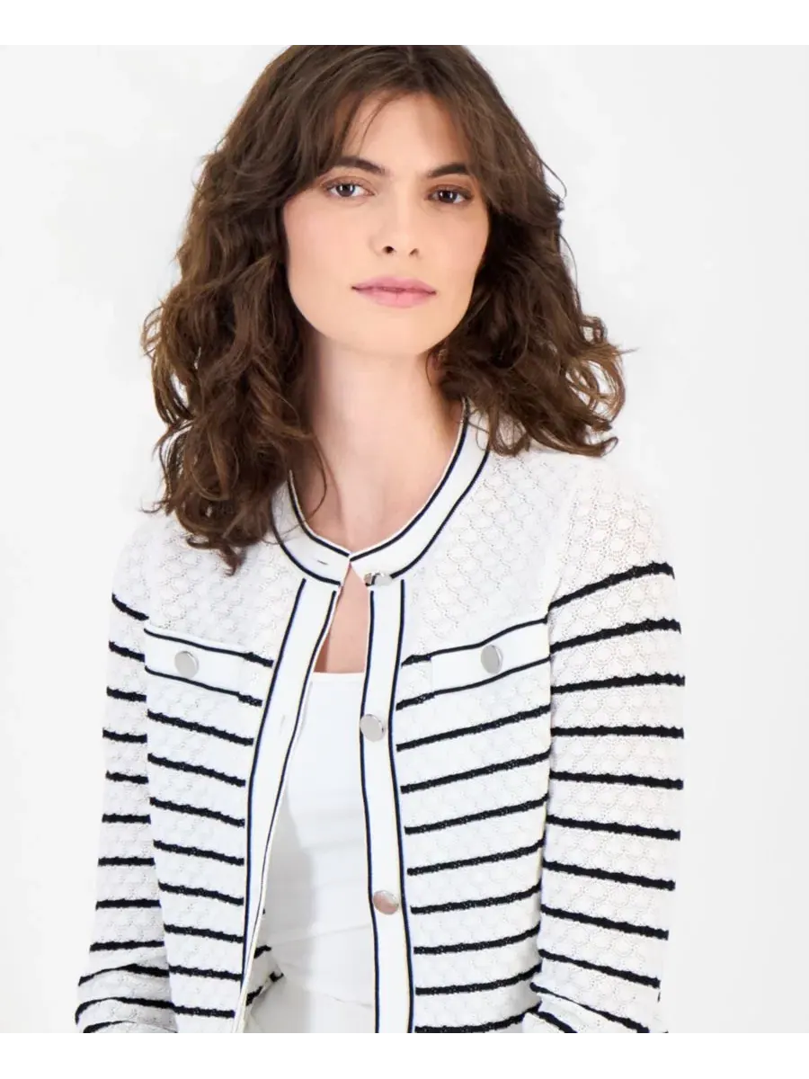 Женский кардиган в полоску с застежкой на пуговицы Anne Klein — изображение 4 из 5, белый/черный
