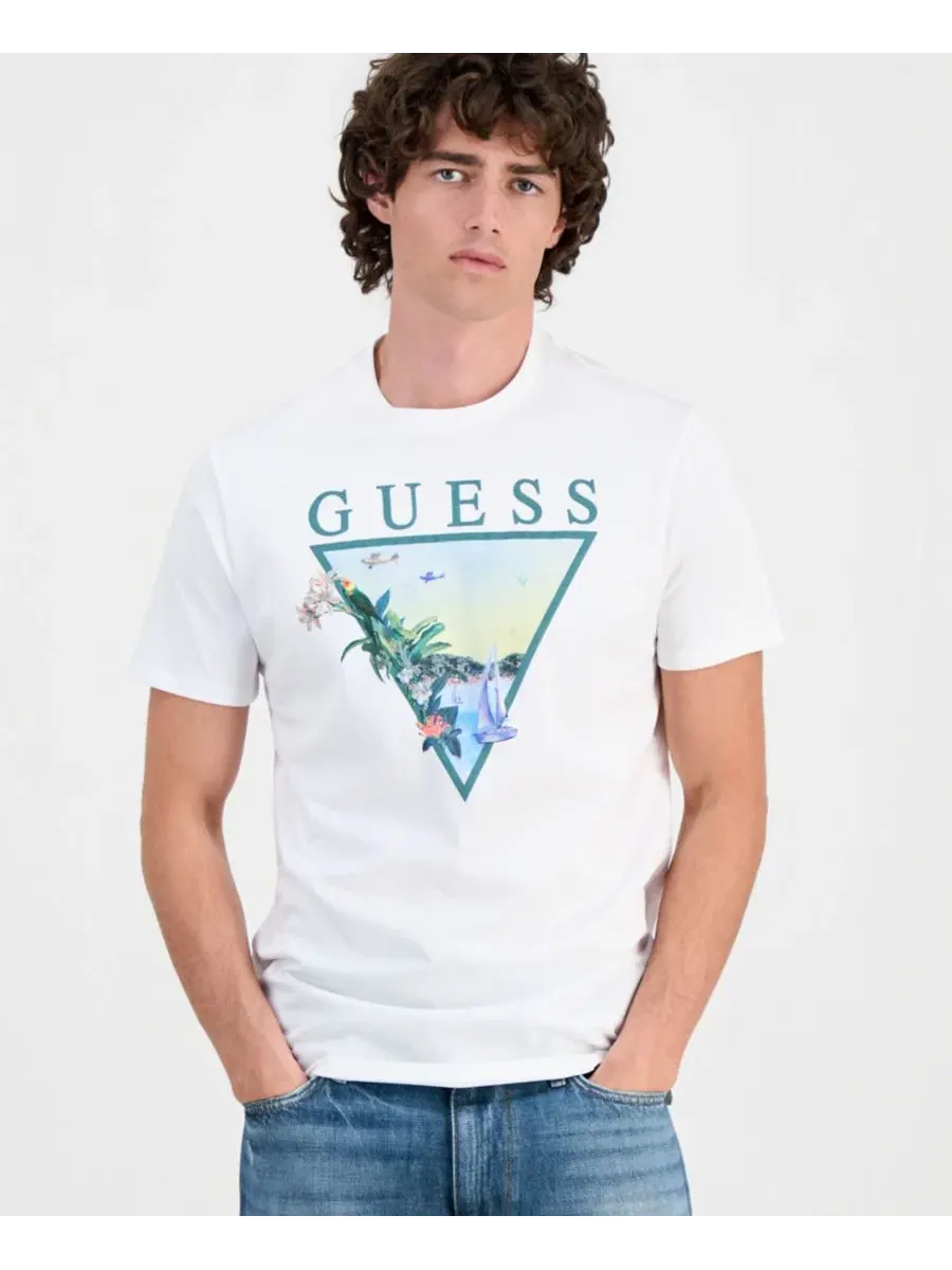 Мужская футболка с графическим изображением треугольника на фоне заката Guess