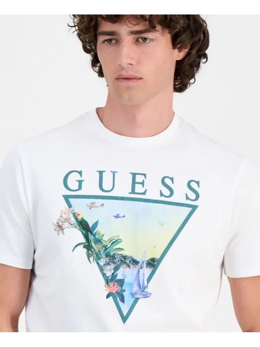 Мужская футболка с графическим изображением треугольника на фоне заката Guess — изображение 3 из 4, белый
