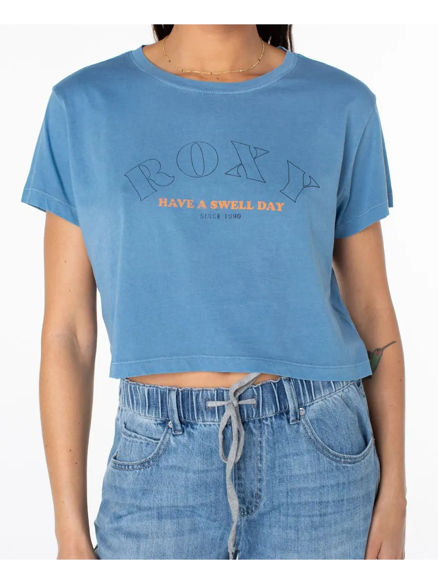 Женская укороченная футболка свободного кроя с коротким рукавом Swell Day Roxy — изображение 4 из 5, синий
